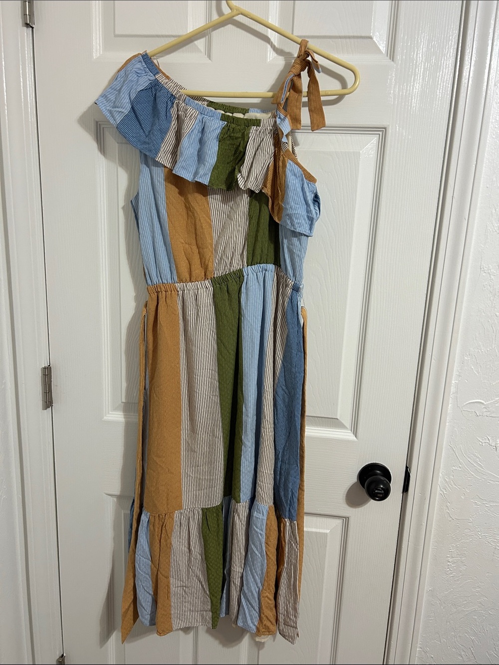 LC Lauren Conrad One-Shoulder Striped Maxi Dress in Blue, Green & Tan